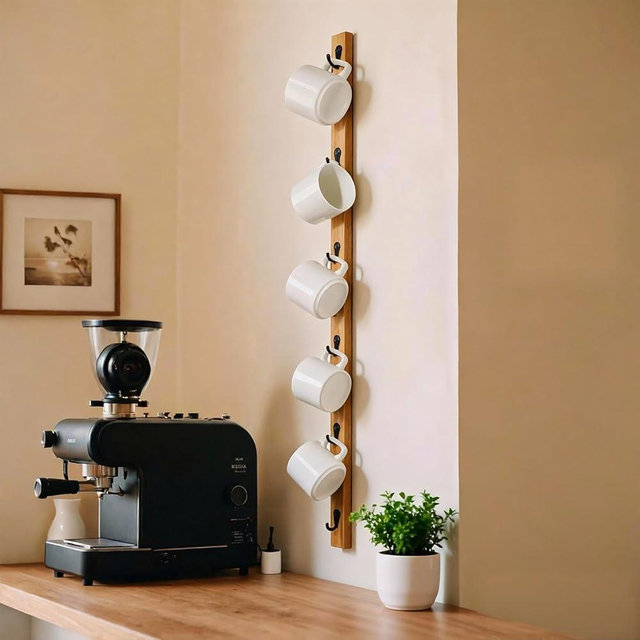 Yohsnor Wall-Mounted Coffee Mug Rack - 6-Hook Solid Wood Cup Holder for Kitchen Cabinet, Space-Saving Tea Bar Organizer with Rustic Decor (Vertical Rectangle Design)