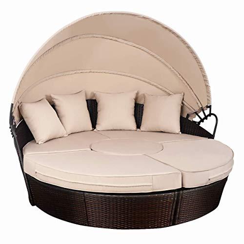 TANGKULA Patio Furniture Outdoor Lawn Backyard Poolside Garden Round with Retractable Canopy Wicker Rattan Round Daybed, Seating Separates Cushioned Seats