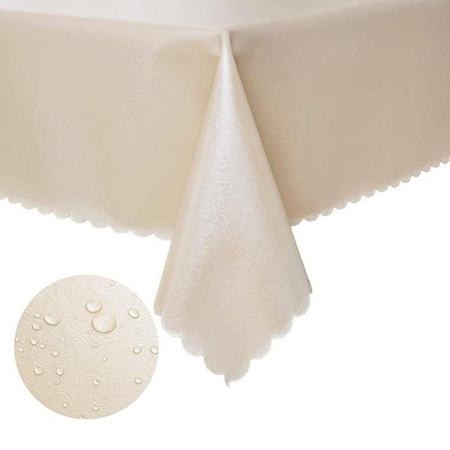 WELTRXE Washable Vinyl Tablecloth Wipe Clean Rectangle Heavy Duty Plastic Table Cloth Waterproof Stain Resistant Damask Floral Dining Table Cover for Indoor and Outdoor Use, 60" X 84", Beige