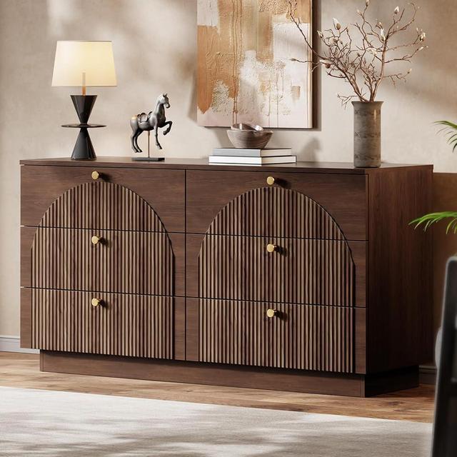 Herihome Arched Fluted Dresser for Bedroom with 6 Drawers, 55" Wide Large Wooden Storage Organizer Chest of Drawers, Mid Century Modern Wood Closet TV Stand for Bedroom,Living Room, Hallway, Walnut