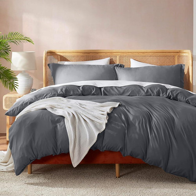 Nestl Queen Duvet Cover Set with Comforter Insert - Dark Grey 4 Piece 90x90 Duvet Cover & 2 Pillow Shams with White Quilted Down Alternative Comforter, Ultra Soft, All Season