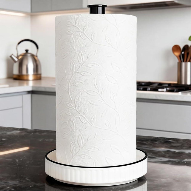 VROOMIUM Paper Towel Holder Countertop, Gold and Ceramic Base Easy-to-Clean, Fits Double to Family Rolls, Elegant and Durable Kitchen Roll Stand, Farmhouse White