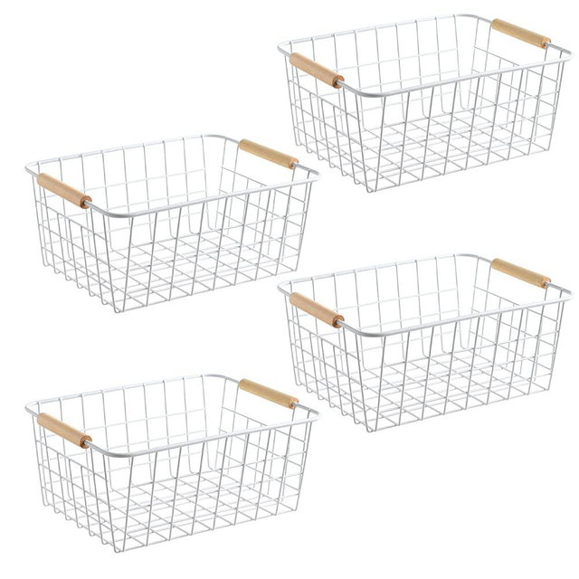 Aeggplant Kitchen Wire Baskets Farmhouse Decor Metal Food Storage Organizer,Household Refrigerator Bin with Built-in Handles for Cabinets, Pantry,Bathroom 4 Packs (white)
