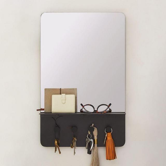 Hopper Entry Mirror With Hooks, Black/Walnut