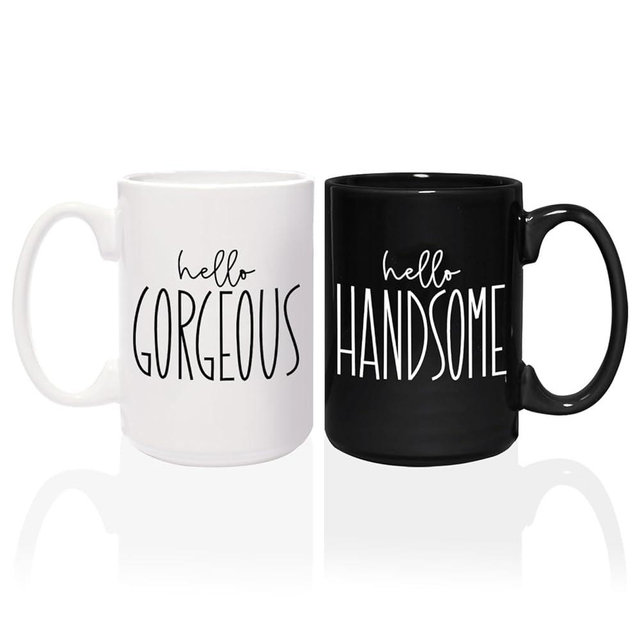 Hello Handsome Hello Gorgeous Mugs / 2 Jumbo 15 Ounce Black And White Matching Husband Wife Ceramic Mugs / Newlywed Couples Wedding Coffee Cup Present Set / Relationship Anniversary Cup Pair