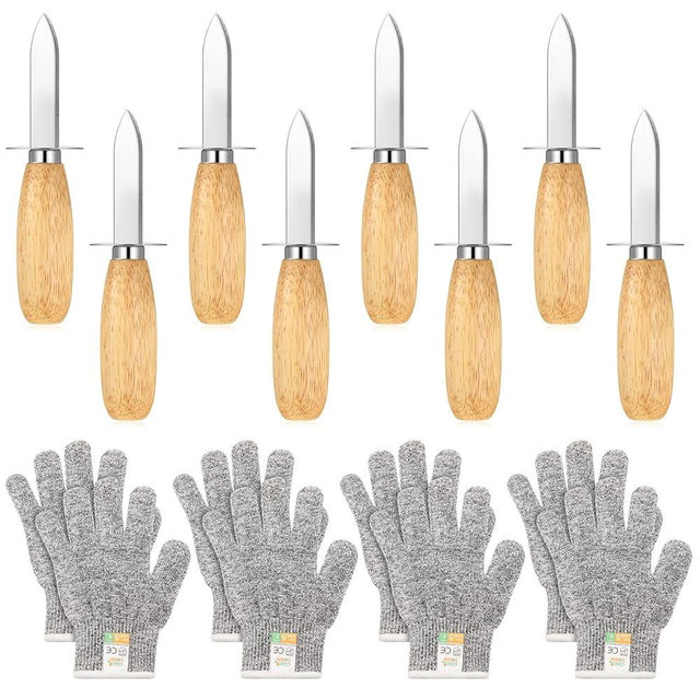 16 Pieces Oyster Shucking Set 8 Stainless Steel Oyster Shucking Knife and 8 Level 5 Protection Cut Resistant Gloves Oyster Opener Tool Seafood Opener Kit for Oyster Clam Pearl Shell Shucking