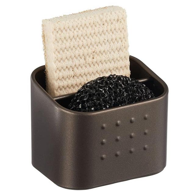 mDesign Modern Metal Farmhouse Kitchen Sink Storage Organizer Caddy - Small Holder for Sponges, Soaps, Scrubbers - Use in Kitchen, Laundry, Utility Room, Bathroom - Stainless Steel - Bronze