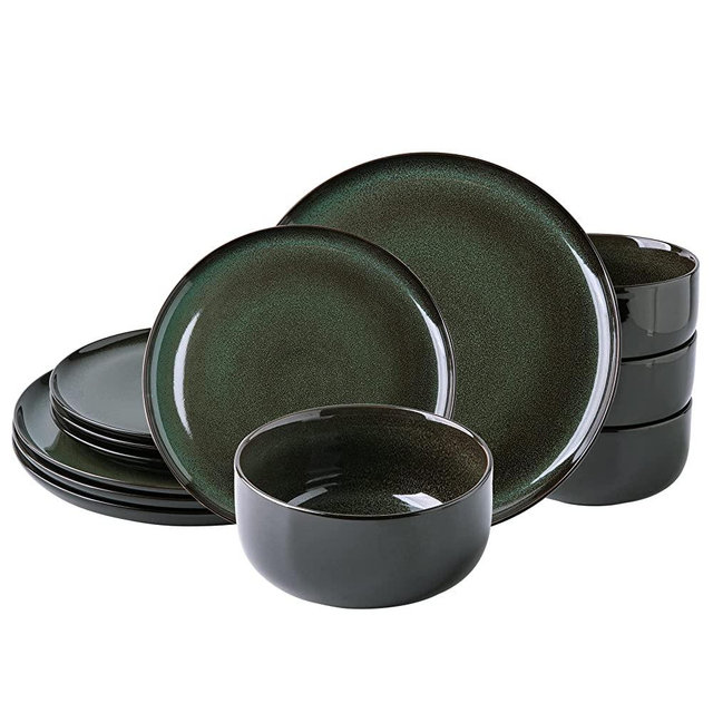 LERATIO Ceramic Dinnerware Sets,12-Piece Plates and Bowls,Handmade Reactive Glaze Dishes Set,Chip Resistant and Scratch Resistant | Oven Dishwasher & Microwave Safe,Service for 4-Green