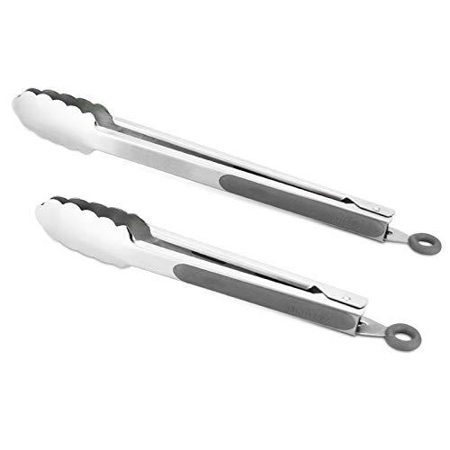 304 Stainless Steel Kitchen Cooking Tongs, 9" and 12" Set of 2 Sturdy Grilling Barbeque Brushed Locking Food Tongs with Ergonomic Grip, Gray