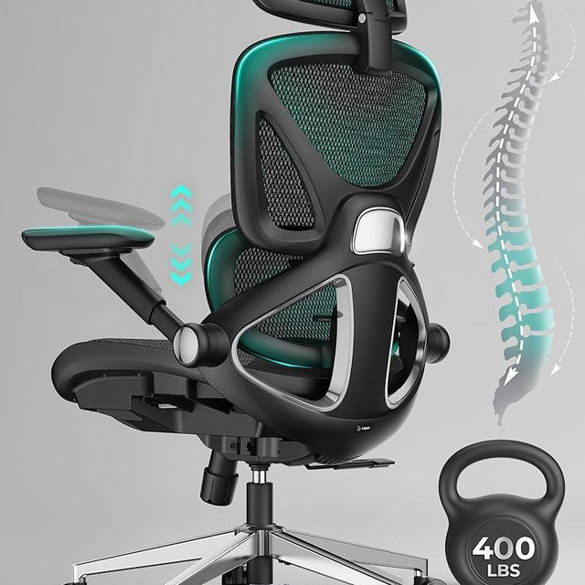 CAPOT Ergonomic Mesh Office Chair, Adjustable Lumbar High Back Desk Chair 400lbs, 4D Flip-up Arms, 3-Level Tilt Backrest, 3D Headrest, PU Wheels, Swivel Rolling Computer Seating for Long Desk Work