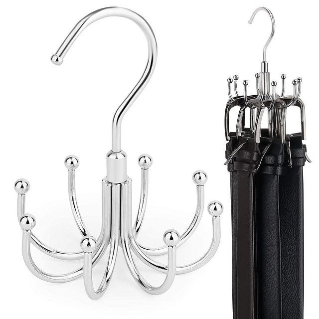 ZEDODIER Belt Hanger, 4 Pack Rotatable Belt Rack Closet Accessories Organizer, Maximum 24 Storage Capacity, Hanging Holder Storage Hook for Belt, Bra, Tank Top, Tie, Scarf, Purse, Silver