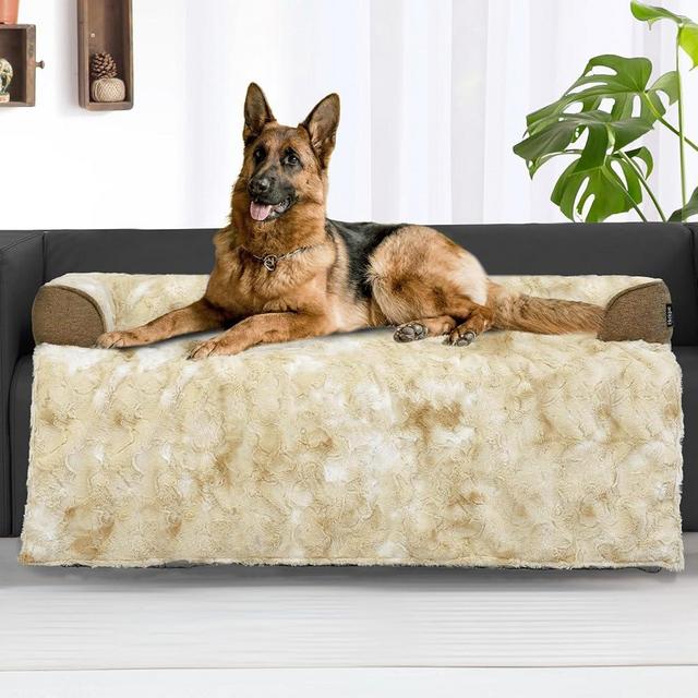 blunique Dog Couch Bed for Large Dogs Tie-dye Khaki Faux Fur, Waterproof Dog Bed for Couch Protector, Calming Dog Bed Washable with Memory Foam for Pet Sofa Cover, XLarge 45x37 Inches
