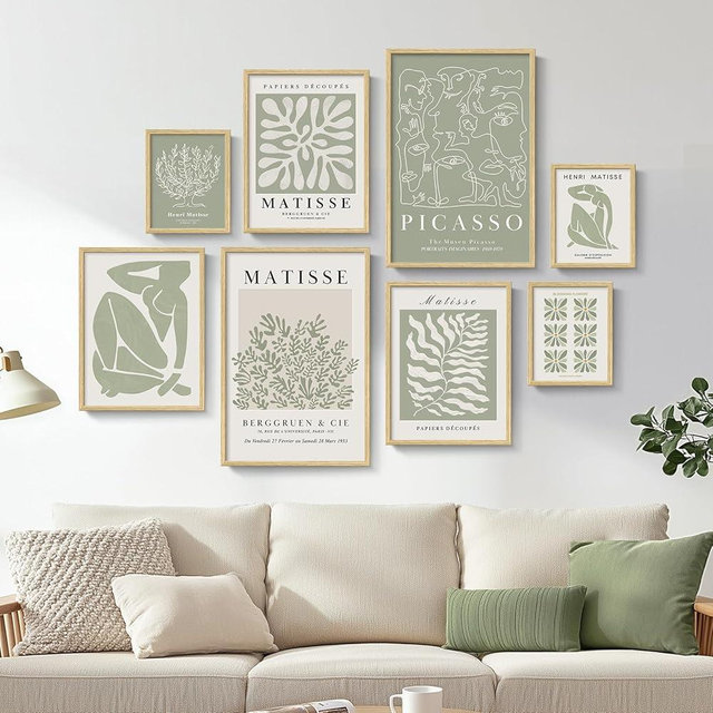 Framed Sage Green Matisse Wall Art for Living Room, 8 Piece Henri Matisse Canvas Artwork for Walls Prints Set, Green Botanical Plant Wall Paintings for Hallway, Home Office,Kitchen