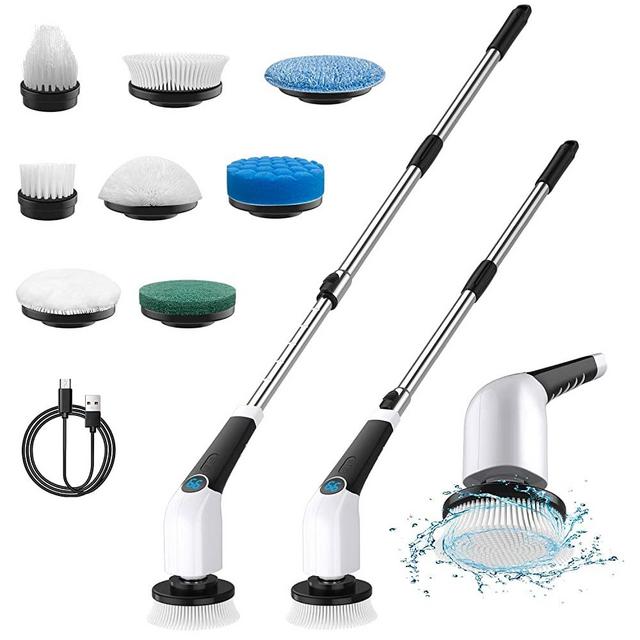 Electric Spin Scrubber, Leebein 2023 Cordless Cleaning Brush with 8 Replaceable Brush Heads & Adjustable Extension Handle & 3 Rotating Speeds, Power Cleaning Brush for Bathroom/Tub/Floor/Tile/Car