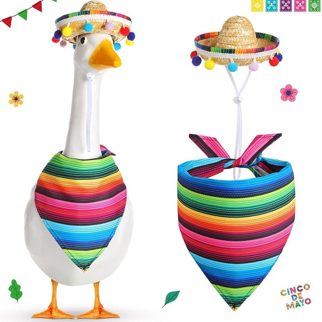 Shyyween Mexican Porch Goose Outfits for Plastic 23"/ 17'' Lawn Goose Statue Clothes Mexican Sombrero with Bandana Scarf for Cinco De Mayo Garden Decoration Party Patio Yard