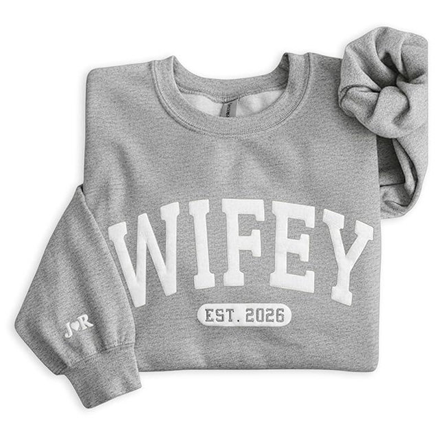 WEAR PHYSIQUE Embossed Custom Wifey Sweatshirt, Personalized Crewneck Engagement Gift for Bride, New Wife Sweater