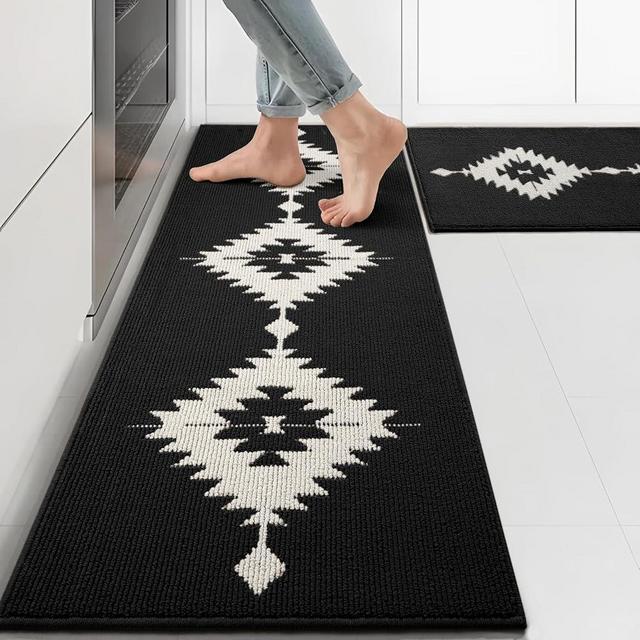 UNIBATH Farmhouse Kitchen Rugs Sets of 2, Black and White Kitchen Mat Set for Floor Non-Slip Washable, Absorbent Resist Dirt Polypropylene Large Long Runner Rug, Western Boho Rug for Sink,24x35+24x59
