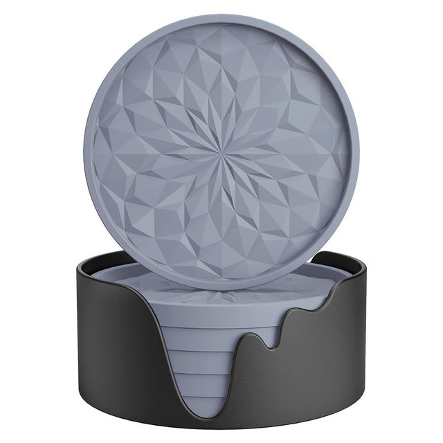 Silicone Coasters [6 Pack] ME.FAN Coasters with Holder - Drinking Coasters - Cup Mat for Drinks - Live for Hot or Cold Drink Thickened, Non-Slip, Non-Stick, Deep Tray Light Grey