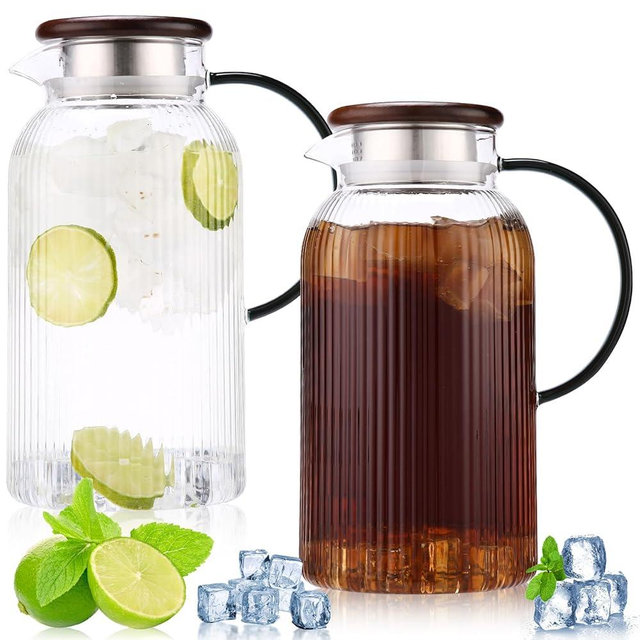 2 Pack 68 oz Glass Pitcher with Lid and Handle,Vintage Glass Water Pitcher for Fridge,Lemonade, Sun Iced Tea Pitche,Coffee Carafe Beverage Serveware.Juice Jugs for Hot/Cold Drinks and Milk-Stripe