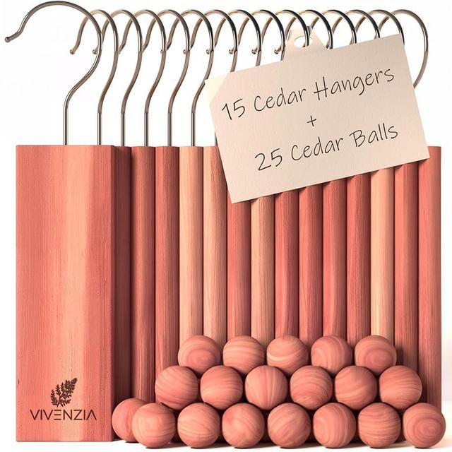 Vivenzia Cedar Blocks for Clothes Storage 40 pcs - Including 15 Hang-ups and 25 Balls - Aromatic Cedar for Closet