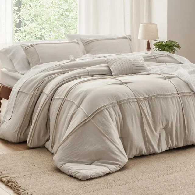 Bedsure Pinch Pleat Bed Comforter Set 4Pcs Queen Size Grid - Bedsure