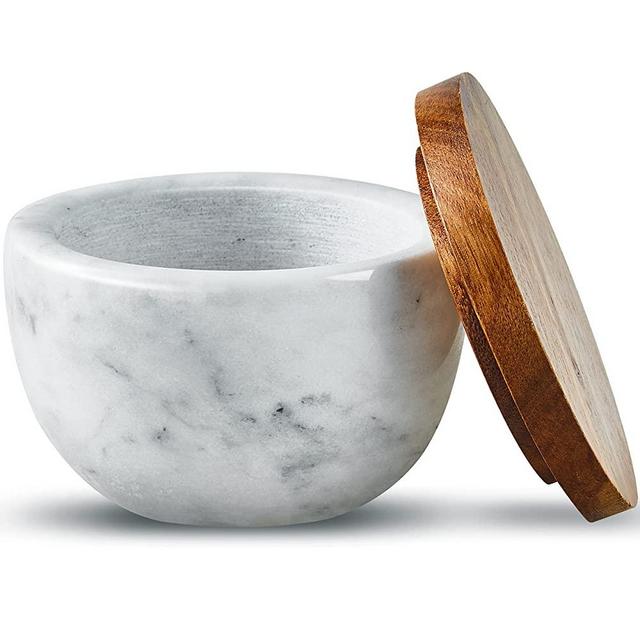 Marczero Large Salt Box Spice Seasonings Keeper Pepper Container,Marble Base with Wooden Cover,Salt Cellar Big Capacity Elegant Design (White)