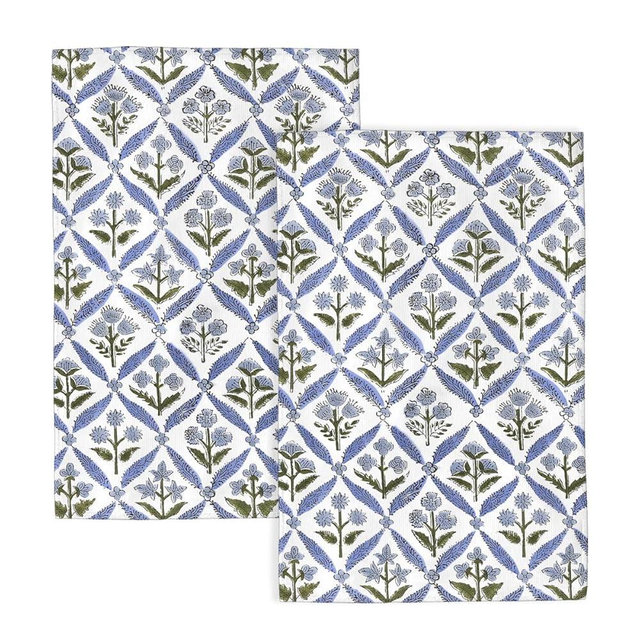 Sorktse Blue Sage Green Block Print Kitchen Towels Vintage Floral Dish Towel 16×24 Inch Soft Absorbent Spring Summer Flowers Hand Cloths Decorative for Kitchen Drying Set of 2