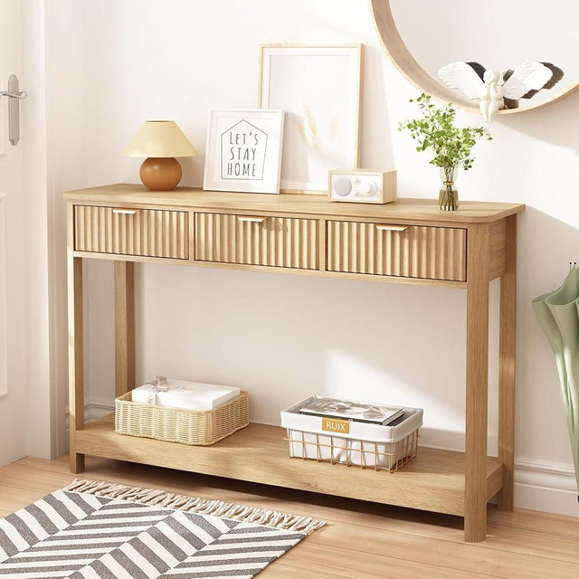 HOKYHOKY Fluted Console Table with Drawers, Modern 47.1" Entryway Table with Storage Shelf, Boho Narrow Skinny Behind Couch Wood Sofa Table for Living Room Hallway Entrance Foyer, Natural