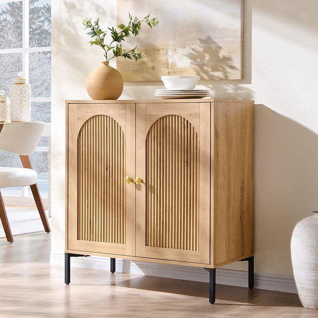 IFGET Modern Buffet Cabinet with Storage, 34" Tall Fluted Arched Sideboard Cabinet w/Adjustable Shelves, Wooden Modular Coffee Bar for Dining Room, Kitchen, Living Room, Entryway, Natural