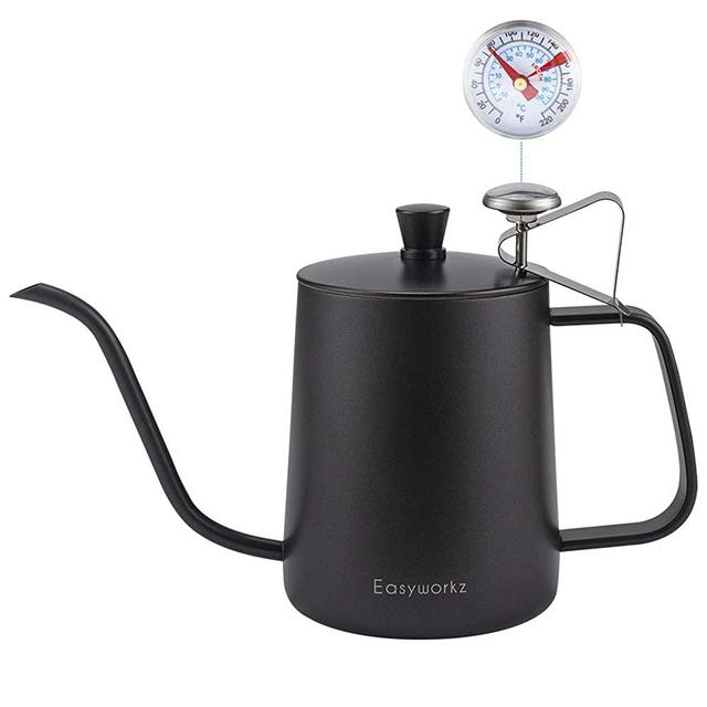 Easyworkz Gage Pour Over Kettle Stainless Steel Gooseneck Long Narrow Drip Spout Coffee Tea Pot (20oz BLK SET)
