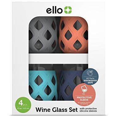 Ello Cru 17 Oz Stemless Wine Glass Set with Silicone Sleeves, Paloma (4-Pack)