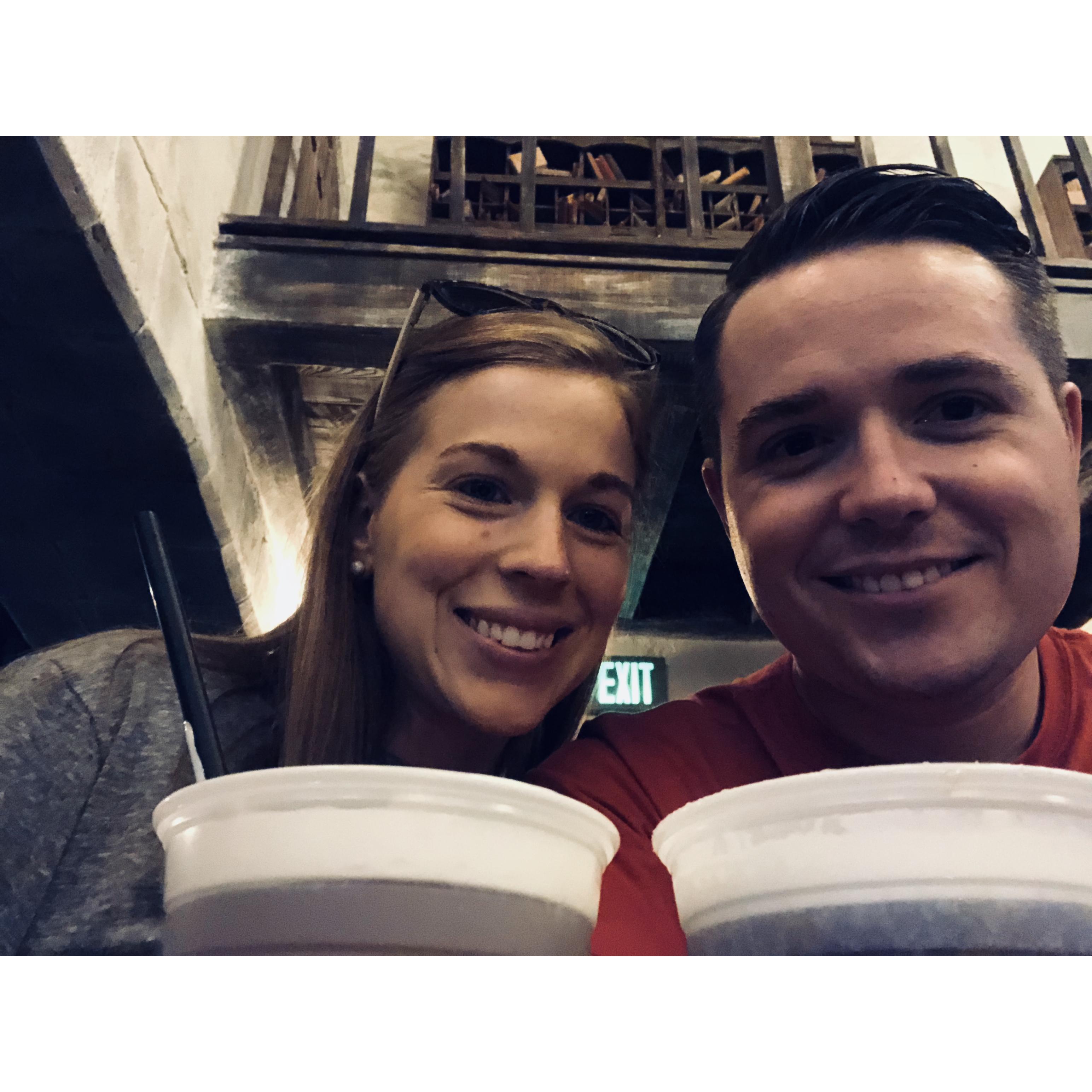 Enjoying a butter beer at the Wizarding World of Harry Potter!