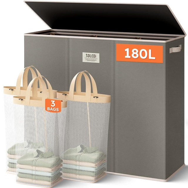 SOLEDI 180L 3-Section Laundry Hamper with Lid, Extra Large Dirty Clothes Basket with Sturdy Handles for Laundry Room & Bedroom - Durable Organizer for Sorting Laundry