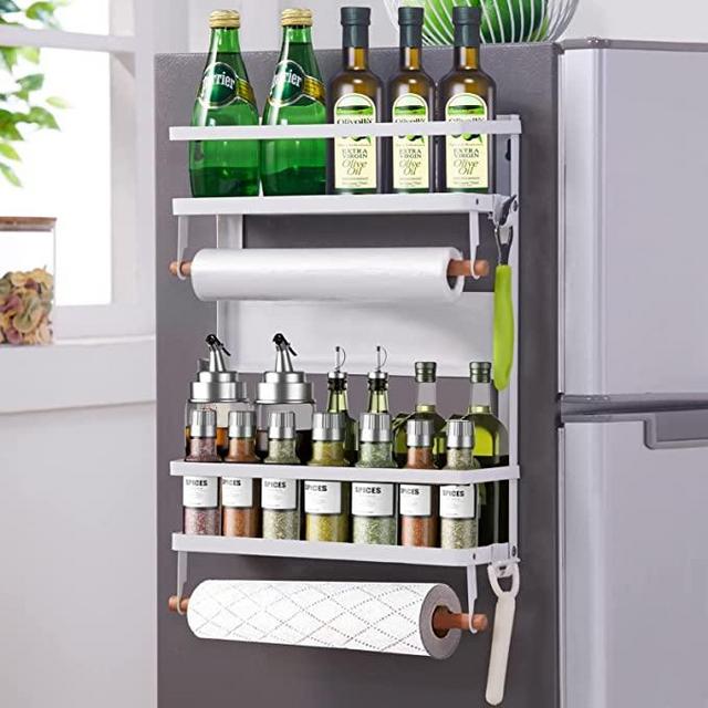 XIAPIA Magnetic Fridge Organizer Spice Rack with Paper Towel Holder and 5 Extra Hooks | 4 Tier Magnet Refrigerator Shelf in Kitchen Holds up to 45 LBS | 16x12x4 Inch White