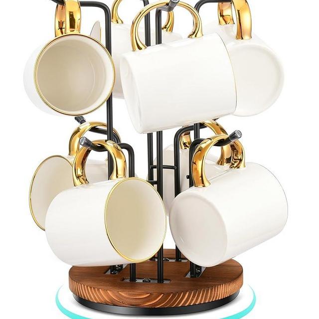 HULISEN 360° Rotating Mug Tree for Large Cups, Counter Coffee Mug Holder with 8 Hooks, Metal Coffee Cup Rack Stand for Countertop with Stable Wooden Base, Kitchen Counter Decor