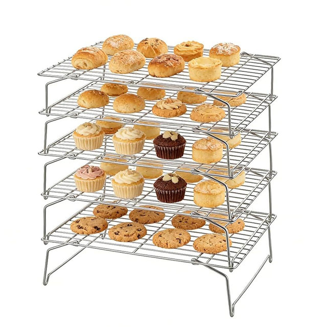 Herogo 5-Tier 15" x 10" Cooling Rack, Stainless Steel Baking Rack for Cookies, Cupcakes, and Pastries, Collapsible Space-Saving Design, Dishwasher Safe, Ideal for Baking, Roasting, and Drying