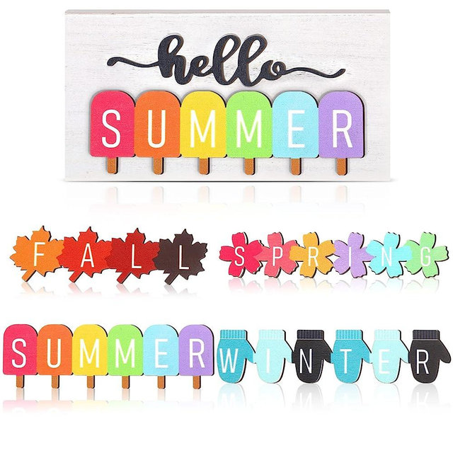 5 Pcs Wooden Interchangeable Welcome Sign Holiday Seasonal Hello Spring Summer Fall Winter Wooden Sign 4 Seasons Rustic Farmhouse Wood Decor with Changeable Icons for Desk Shelf Window Tiered Tray