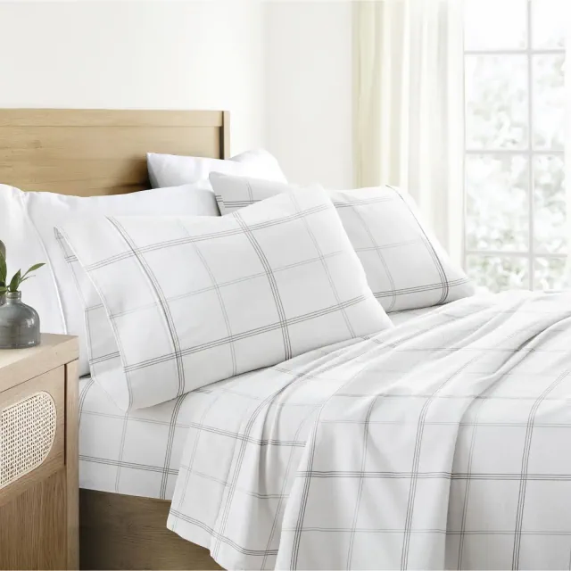 100% Cotton Flannel 4PC Sheet Set Super Soft - Becky Cameron, Checkered Gray, King