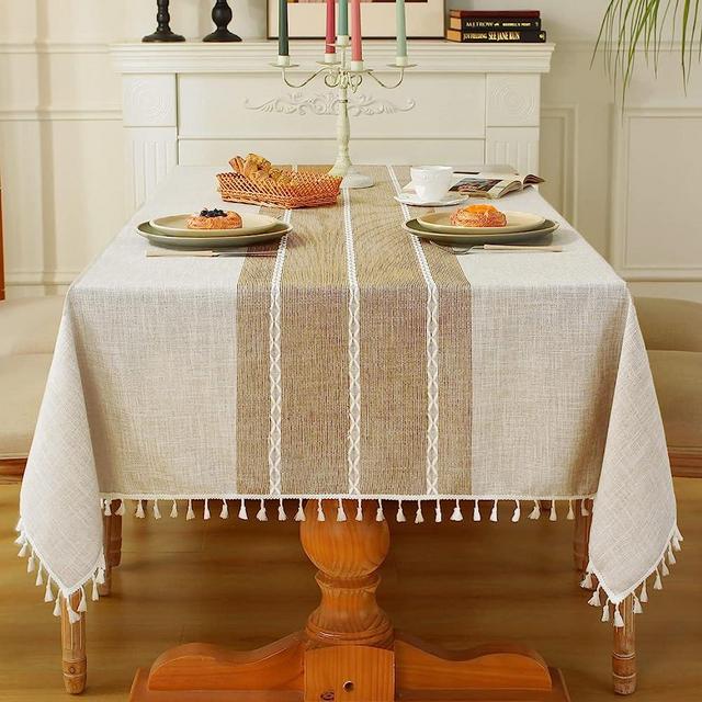 Laolitou Rustic Tablecloth Cotton Linen Waterproof Tablecloths Washable Table Cloths for Kitchen Dining,Party,Holiday,Christmas,Buffet Coffee Lines Rectangle,55''x102'',8-10 Seats