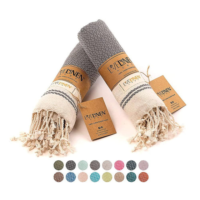 Evelynen Turkish Hand Towels Set of 2 | 100% Cotton Boho Hand Towels for Bathroom Decorative Kitchen Towels with Hanging Loop | Tea, Dish Towels for Kitchen Decor (Dark Grey)
