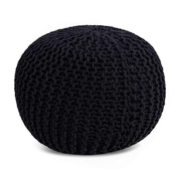 BirdRock Home Round Pouf Foot Stool Ottoman - Knit Bean Bag Floor Chair - Cotton Braided Cord - Great for The Living Room, Bedroom and Kids Room - Small Furniture (Black)