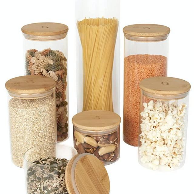 beauabode Kitchen Canisters – 7-Pcs Set Clear Storage Containers with Bamboo Lids, Scoop – Airtight Glass Containers for Food Storage and Organization – Glass Storage Jars for Cookies, Sugar, Spices
