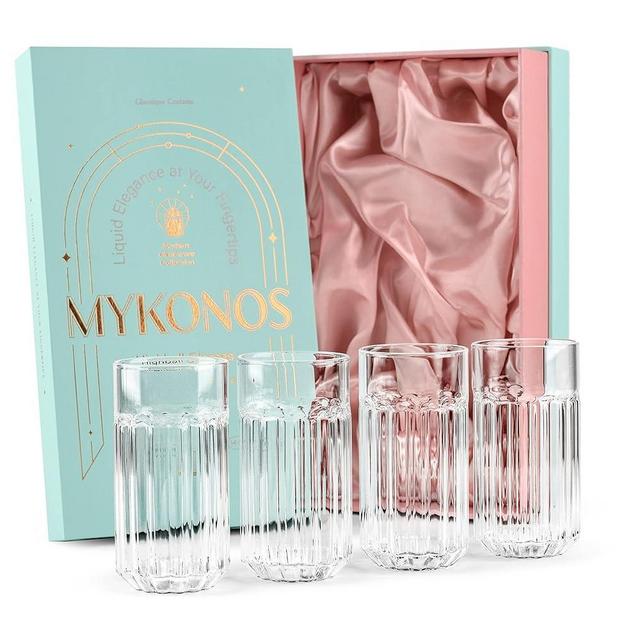 GLASSIQUE CADEAU Mykonos Tall Elegant Highball Cocktail Glasses for Drinking Mojito, Gin Tonic, Long Island, Bar Drinks | Modern Glassware Collection | Set of 4 | 14 oz Borosilicate Tumblers