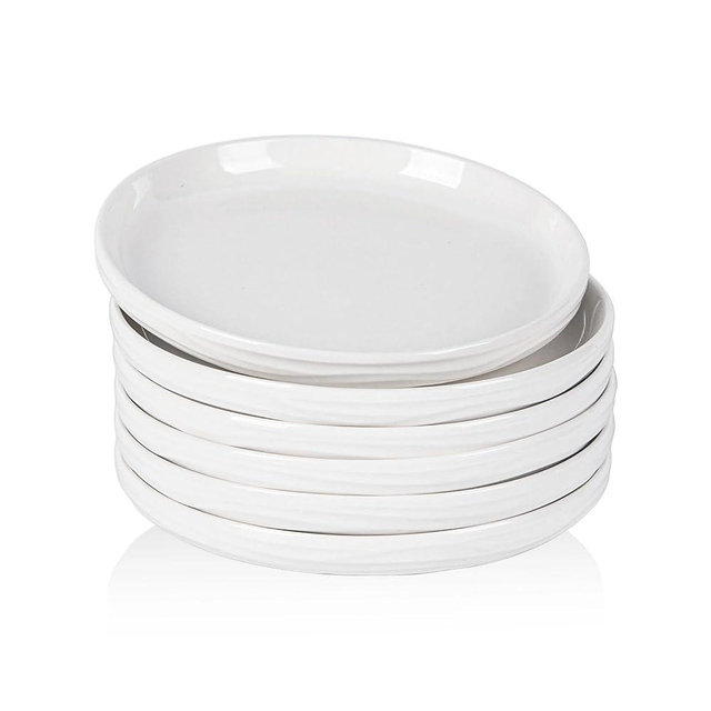 CHILDIKE White Dinner Plates Set of 6, 8 Inch Small Ceramic Salad Plates, Microwave & Dishwasher Safe, Kitchen Serving Dishes for Appetizer, Dessert, Scratch Resistant, Ribbed Texture