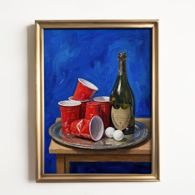 Beer Pong & Champagne Oil Painting Print, Eclectic Bar Cart Decor, Funny Housewarming Gift
