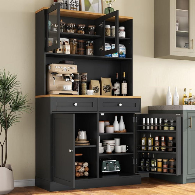 Tall Pantry Cabinet, Modern Kitchen Hutch with Microwave Stand, Kitchen Pantry Storage Cabinet with 2 Darwers & Door Shelf, Food Pantry with Glass Doors & Adjustable Shelves for Dining Room, Black