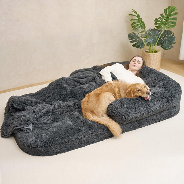 EHEYCIGA Foldable Human Dog Bed for Adult, Orthopedic Dog Bed for Humans Fits You and Pets, Waterproof Faux Fur Human Dog Bed for People, Memory Foam Human Sized Dog Bed, Dark Grey, 72"x44"x12"