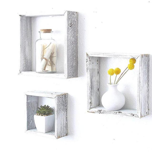 BarnwoodUSA Whitewash Rustic Shelves, Square Floating Wood Shadowbox, Home Decor, Set of 3