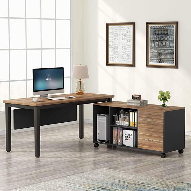 Tribesigns L-Shaped Computer Desk with Storage Drawers Cabinet Set, Large Executive Office Desk with Shelves, Industrial Business Furniture Workstation for Home Office, Rustic Walnut