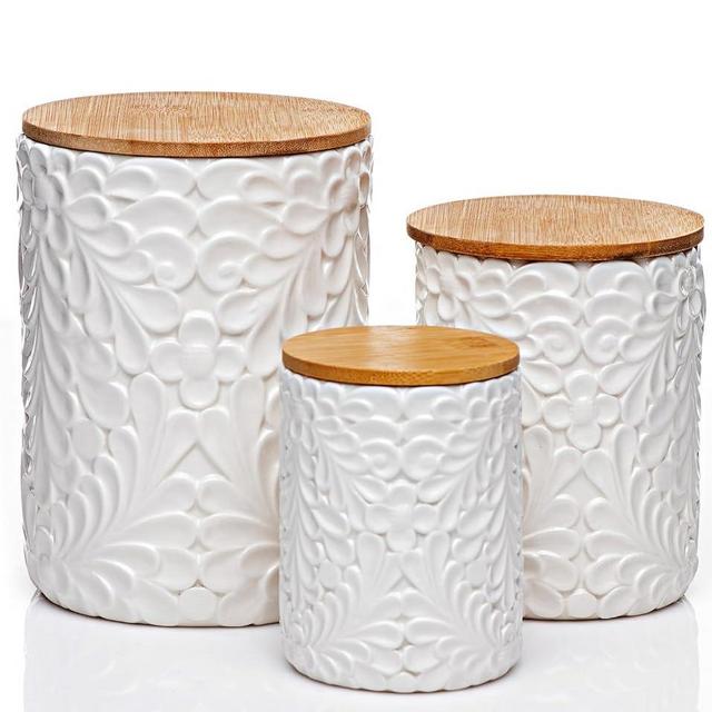 Engraved Ceramic Kitchen Canisters Set of 3 with 74 Oz, 36 Oz, and 18 Oz - White Storage Jars for Countertop with Airtight Bamboo Lids - Large Flour Tea Coffee Sugar Spices Container - Decorative